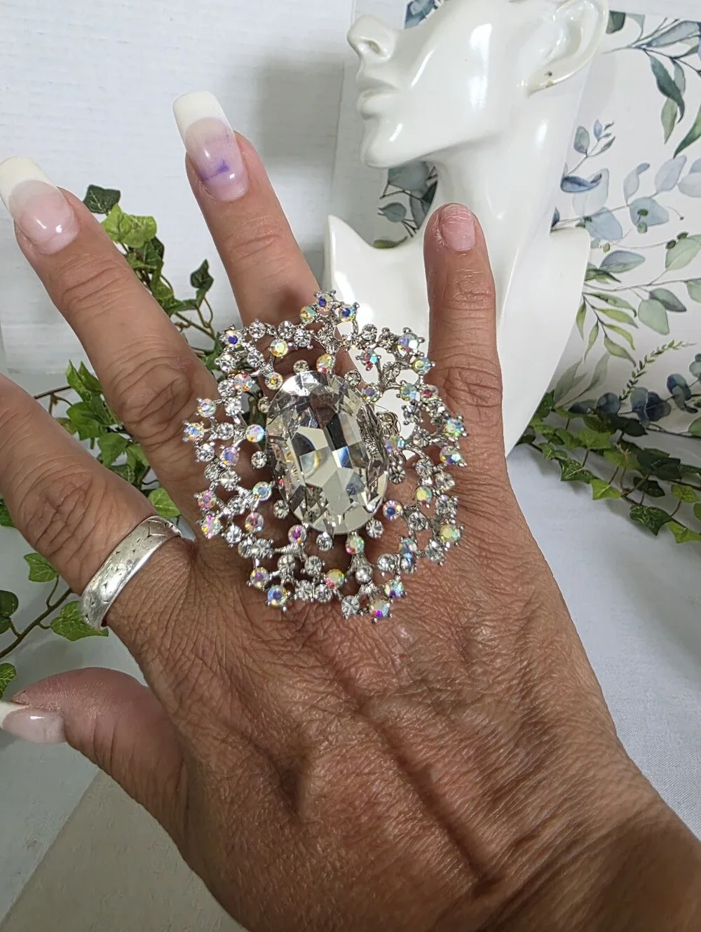 Silver Statement Stretch Ring | Oversized Crystal & AB Rhinestone Oval Cluster